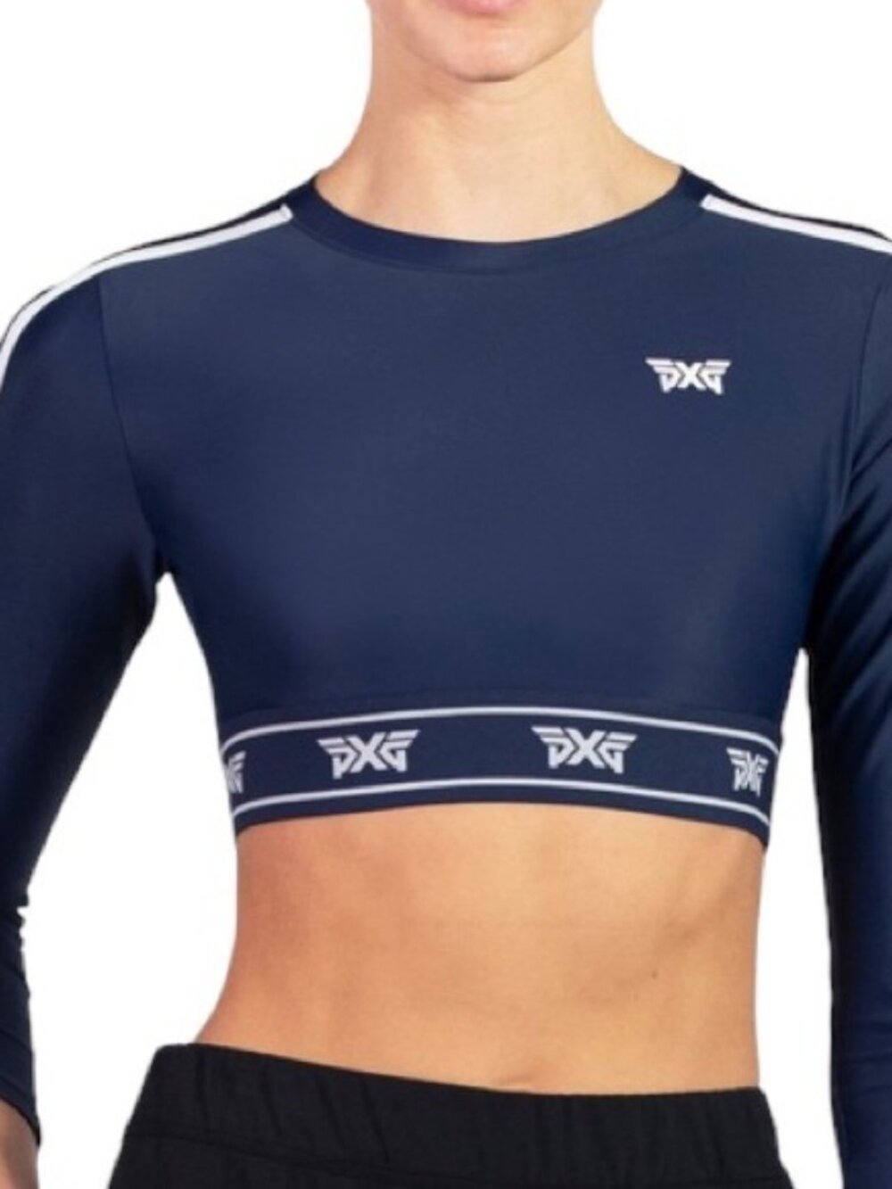 PXG Navy Crop Long Sleeve Top with White Stripe Accents